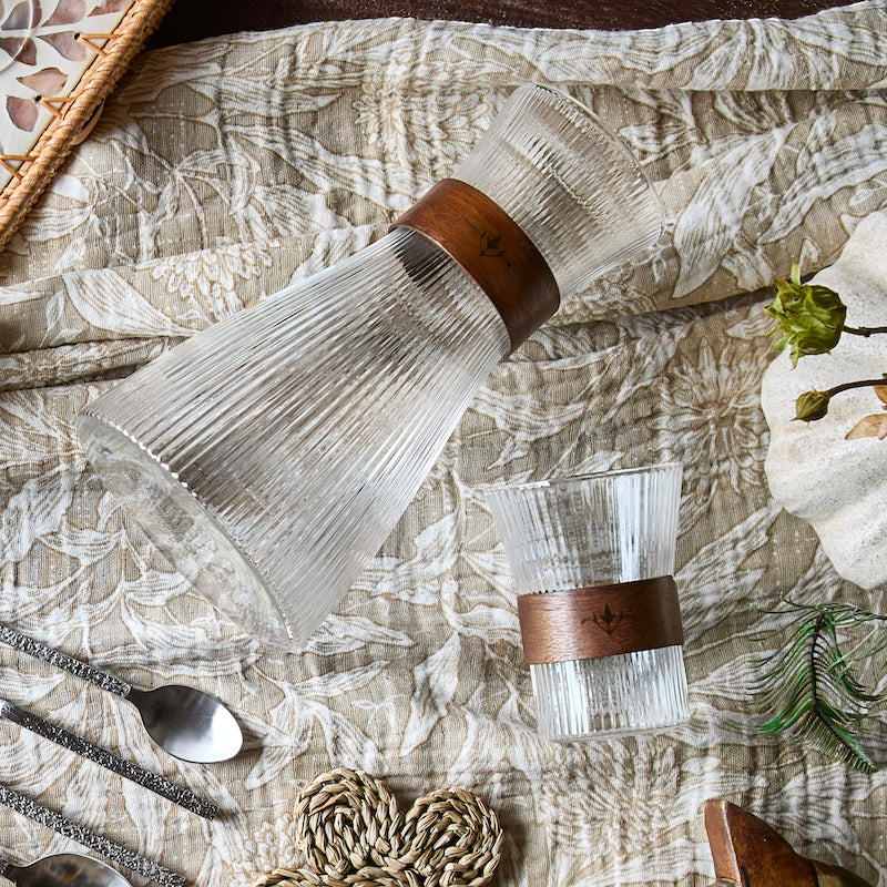 Ribbed glass & wood carafe