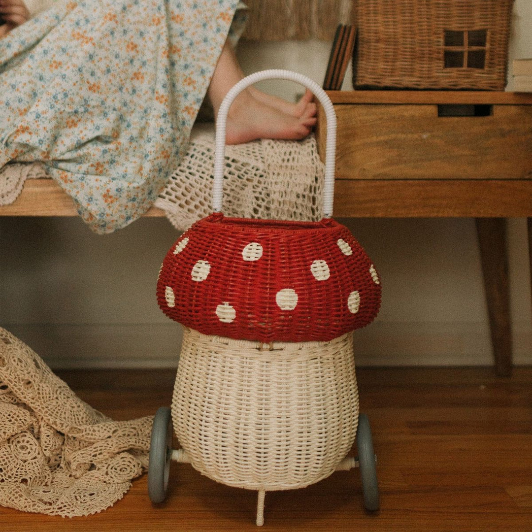 Chariot rotin champignon rouge à pois enfant