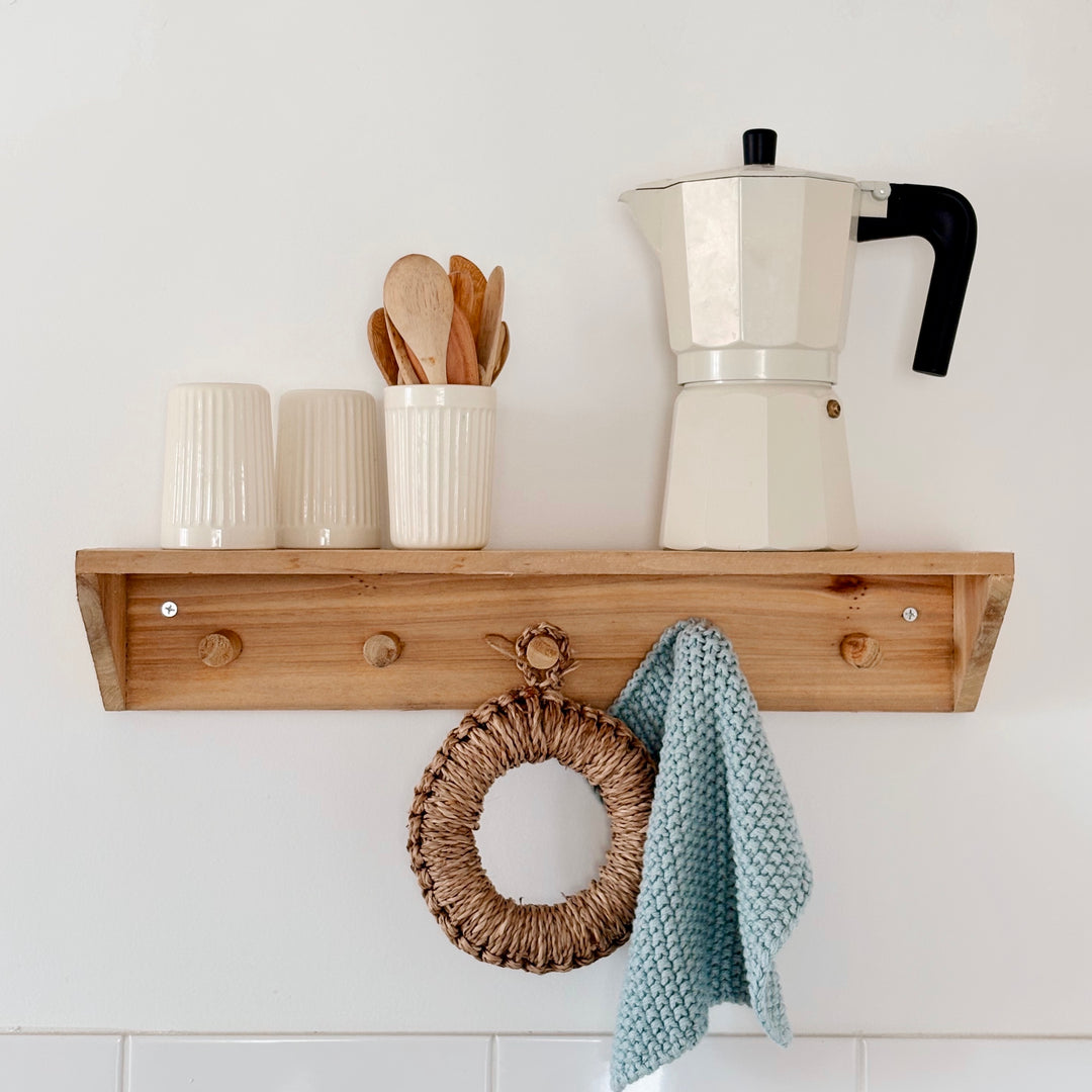 Wooden shelf with 5 hooks