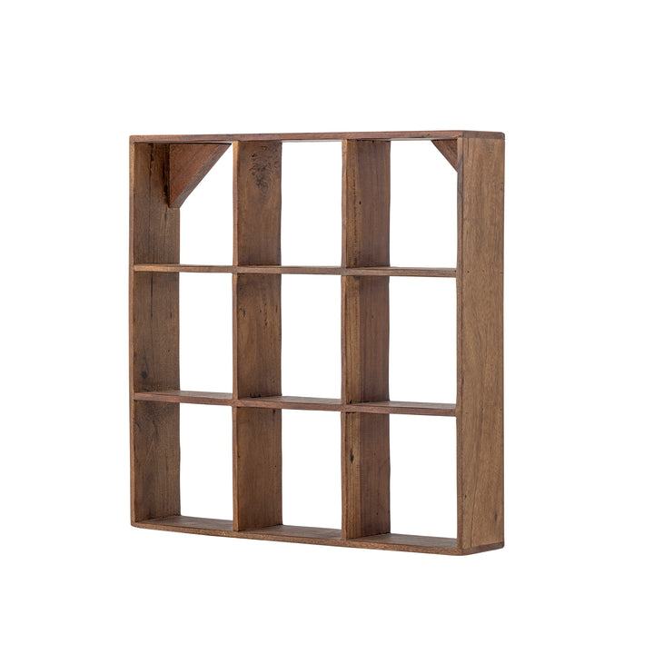 Wooden wall-mounted compartmentalized shelf
