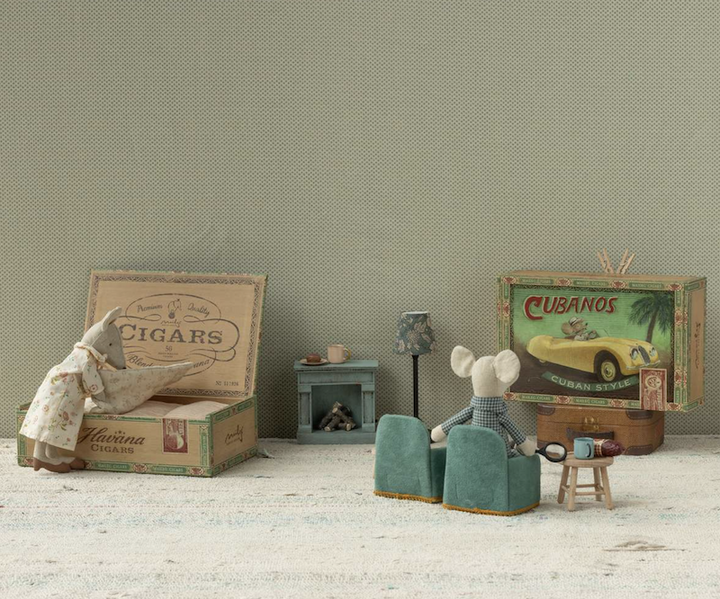 Grandparents mice in their "Maileg" matchbox
