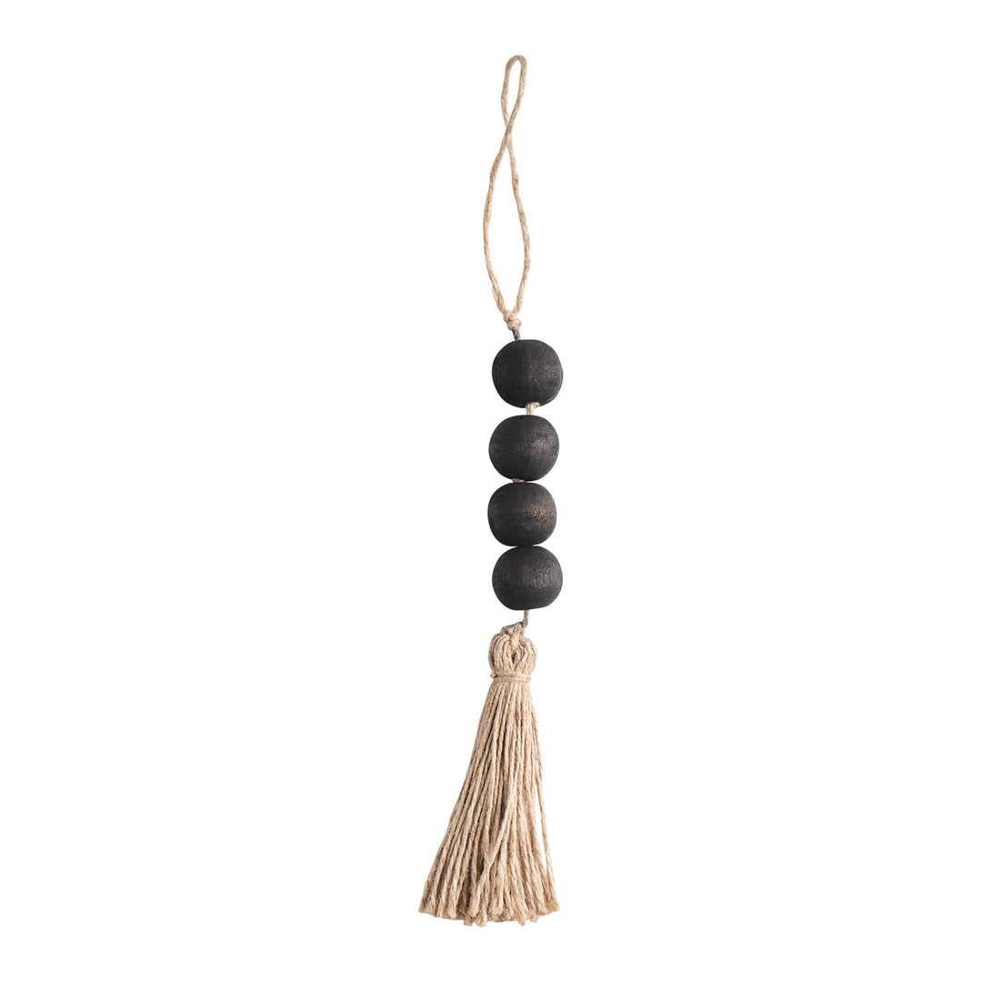 Suspension décorative perles bois et pompon naturel