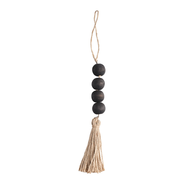 Suspension décorative perles bois et pompon naturel