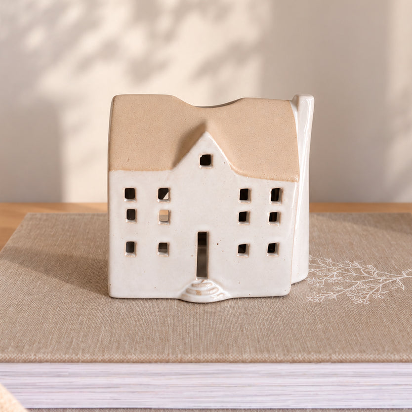 Maison photophore blanche toit beige Noël
