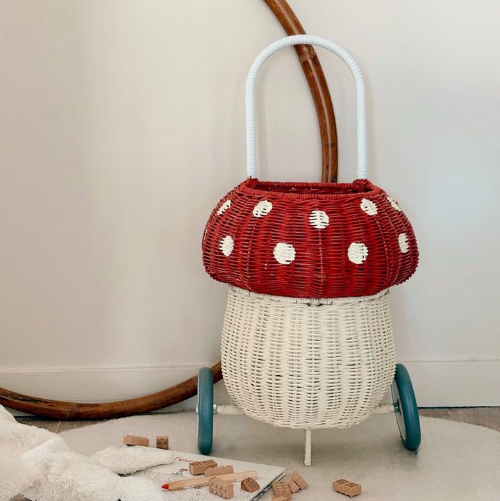 Chariot rotin champignon rouge à pois enfant