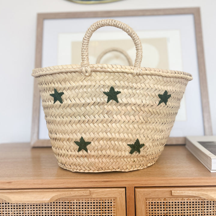 Basket with dark green embroidered stars