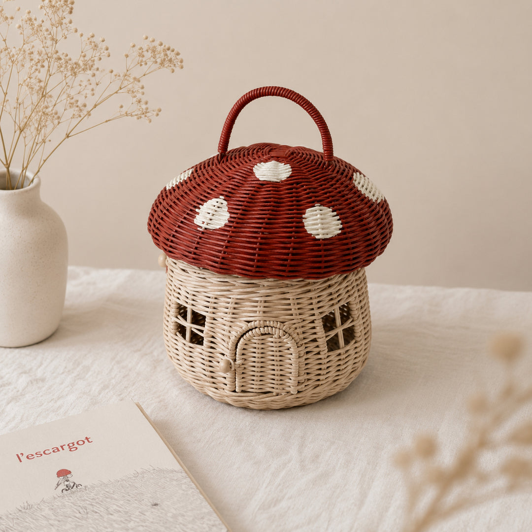 Panier champignon en rotin rouge et blanc