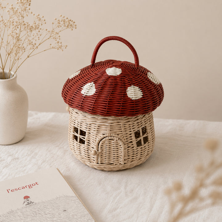 Panier champignon en rotin rouge et blanc