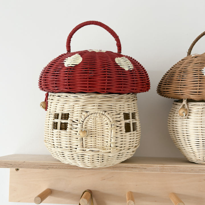 Panier champignon en rotin rouge et blanc