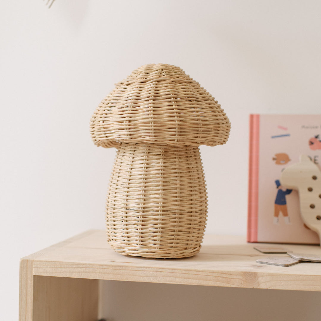 Woven blonde rattan mushroom basket