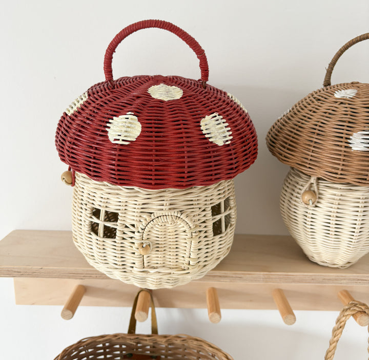 Panier champignon en rotin rouge et blanc