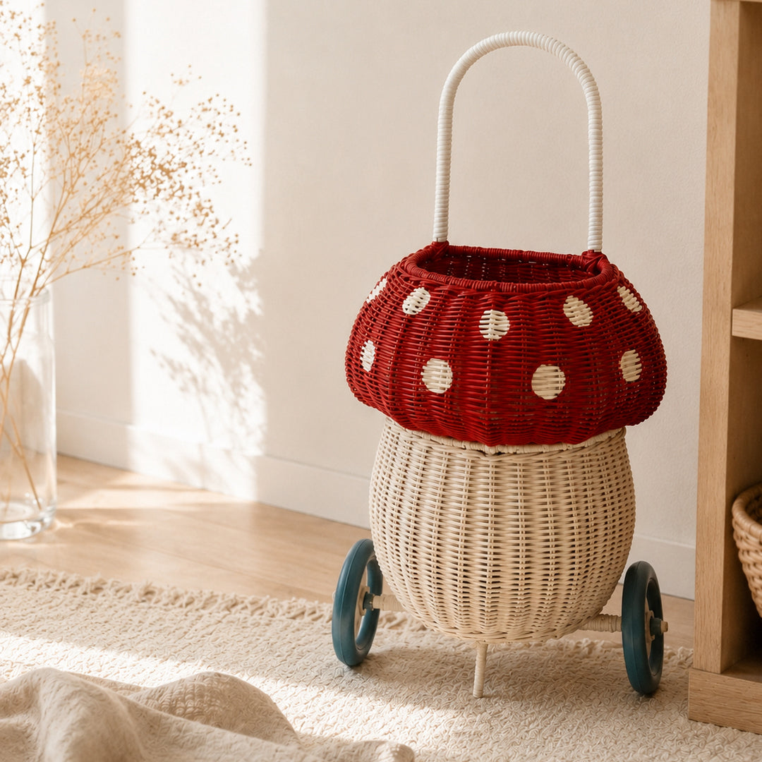 Chariot rotin champignon rouge à pois enfant