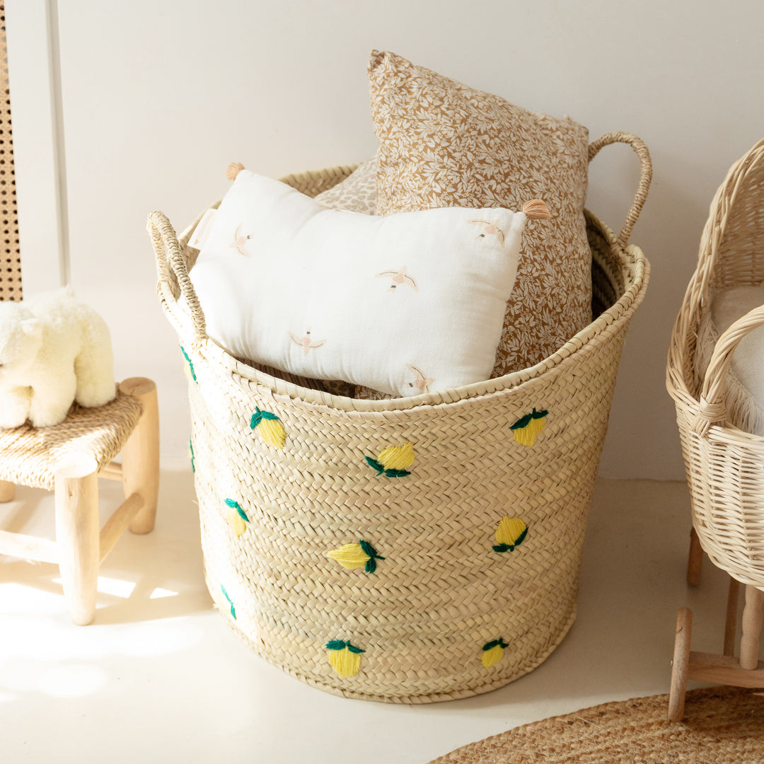 Large basket with embroidered lemons