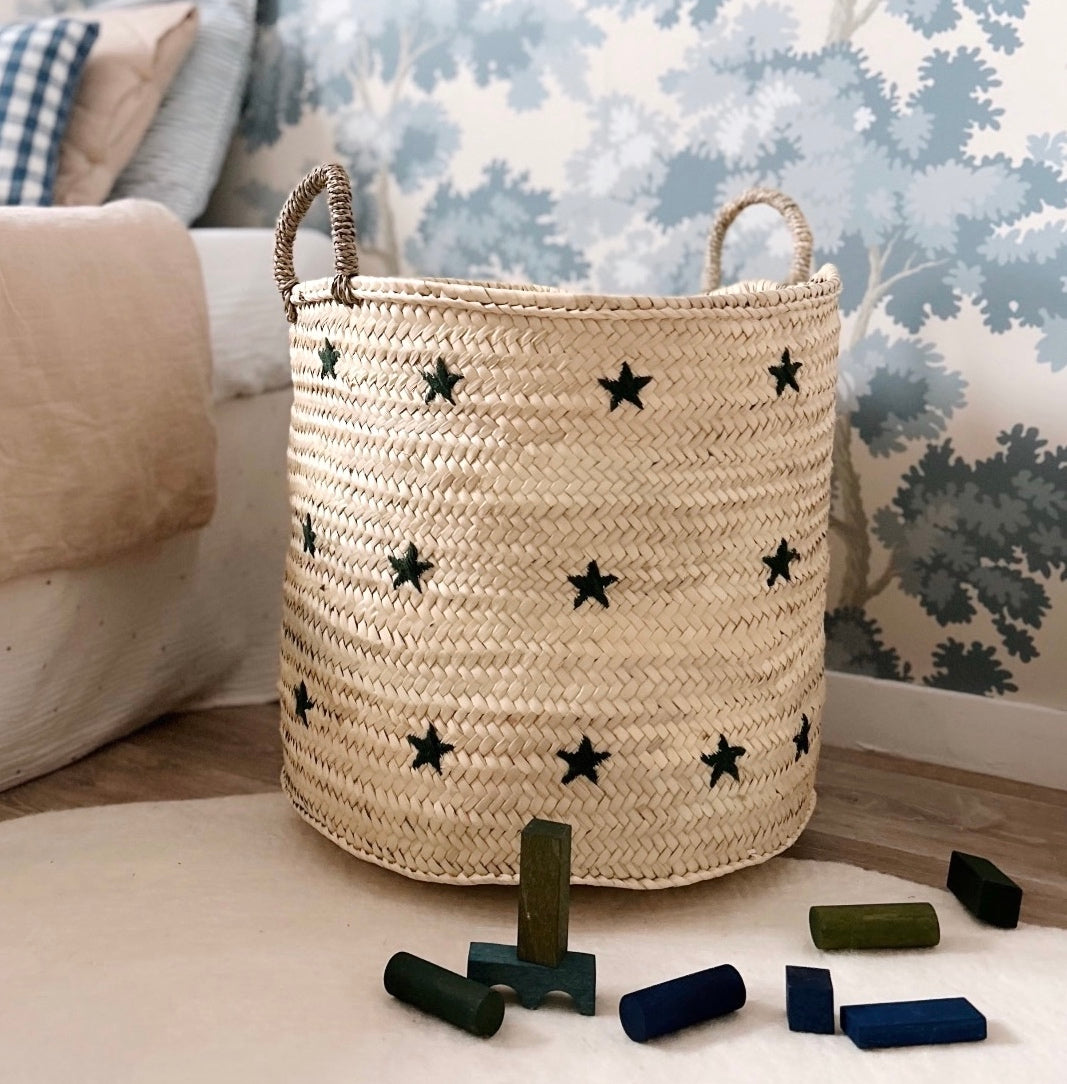 Large basket with dark green embroidered stars