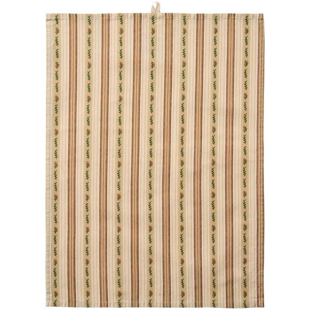 Cotton tea towel with stripes & green leaves