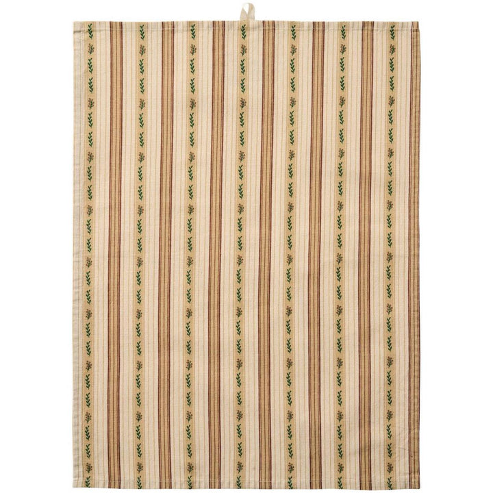 Cotton tea towel with stripes & green leaves